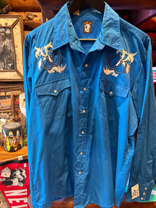 Vintage Blue Horseshoe Western Shirt, Large 17.5