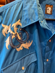 Vintage Blue Horseshoe Western Shirt, Large 17.5