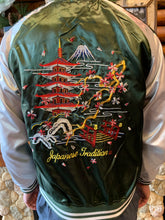 Load image into Gallery viewer, Japanese Sukajan Souvenir Jacket - Embroidered Five Tower Green Bomber Jacket