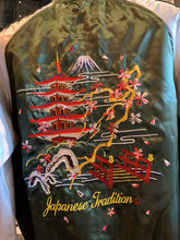 Load image into Gallery viewer, Japanese Sukajan Souvenir Jacket - Embroidered Five Tower Green Bomber Jacket