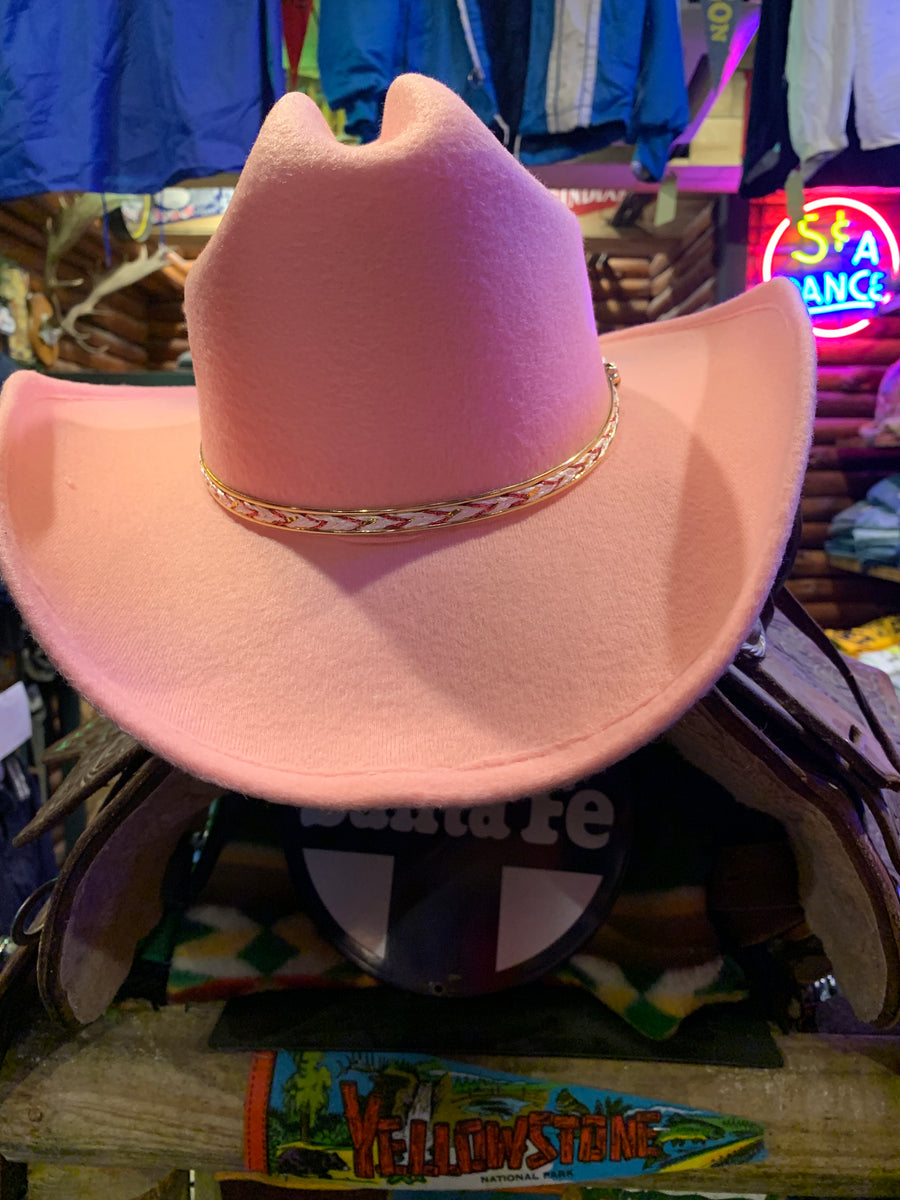 9716 Pink Felt Cowboy Hat Gold And Elastic Band Inside For Secure Western Express Pink Felt Cowboy Hat Gold and Elastic Band  main image 2