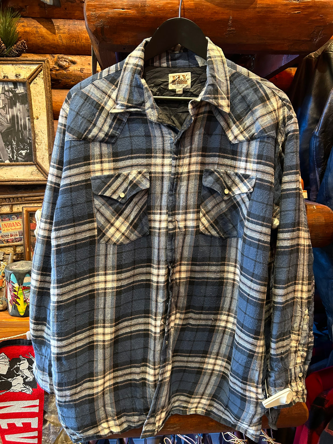 Vintage Ely Press Stud Quilt Lined Light Flannel Jacket, Large