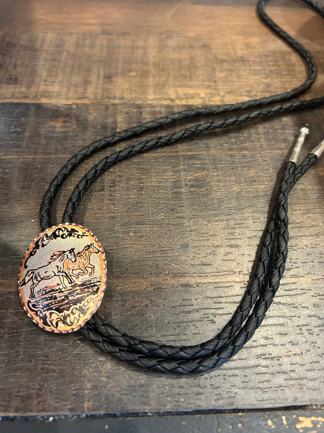 Rose Pink Gold Horses Bolo Tie