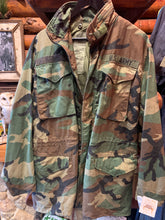 Load image into Gallery viewer, 11. Vintage Army M-65 Jungle Camo Field Jacket, Small Long.
