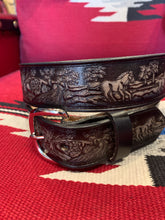 Load image into Gallery viewer, Tooled Western Leather Horses Brown Belt. MADE IN USA
