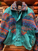 Load image into Gallery viewer, Turquoise Denim &amp; Aztec Bomber Jacket, Small-Medium. FREE POSTAGE
