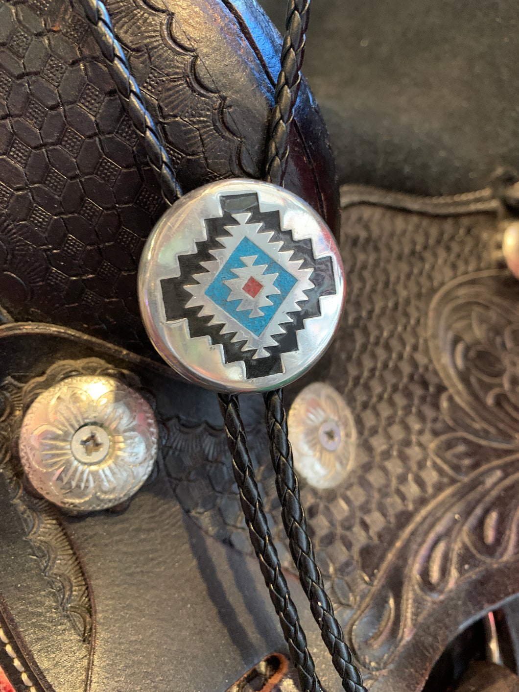 BT-250 Aztec Bolo Round Tie with Turquoise & Coral Inlay