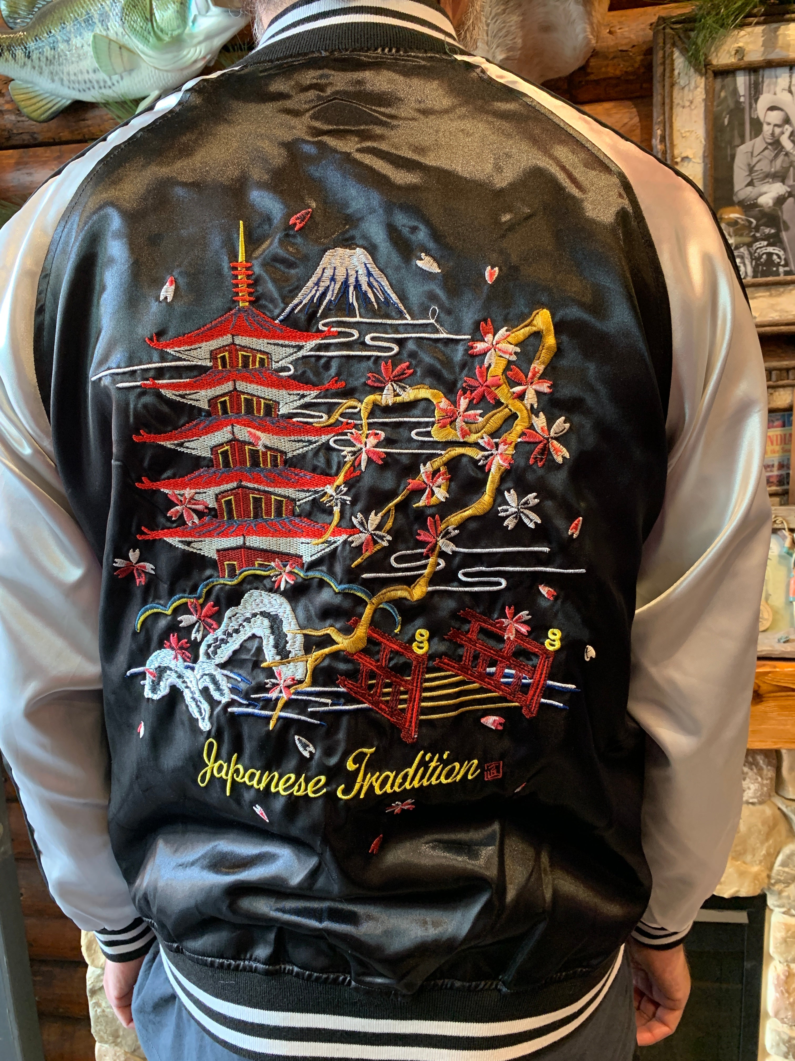 Japanese Sukajan Souvenir Jacket - Embroidered Five Tower, Black