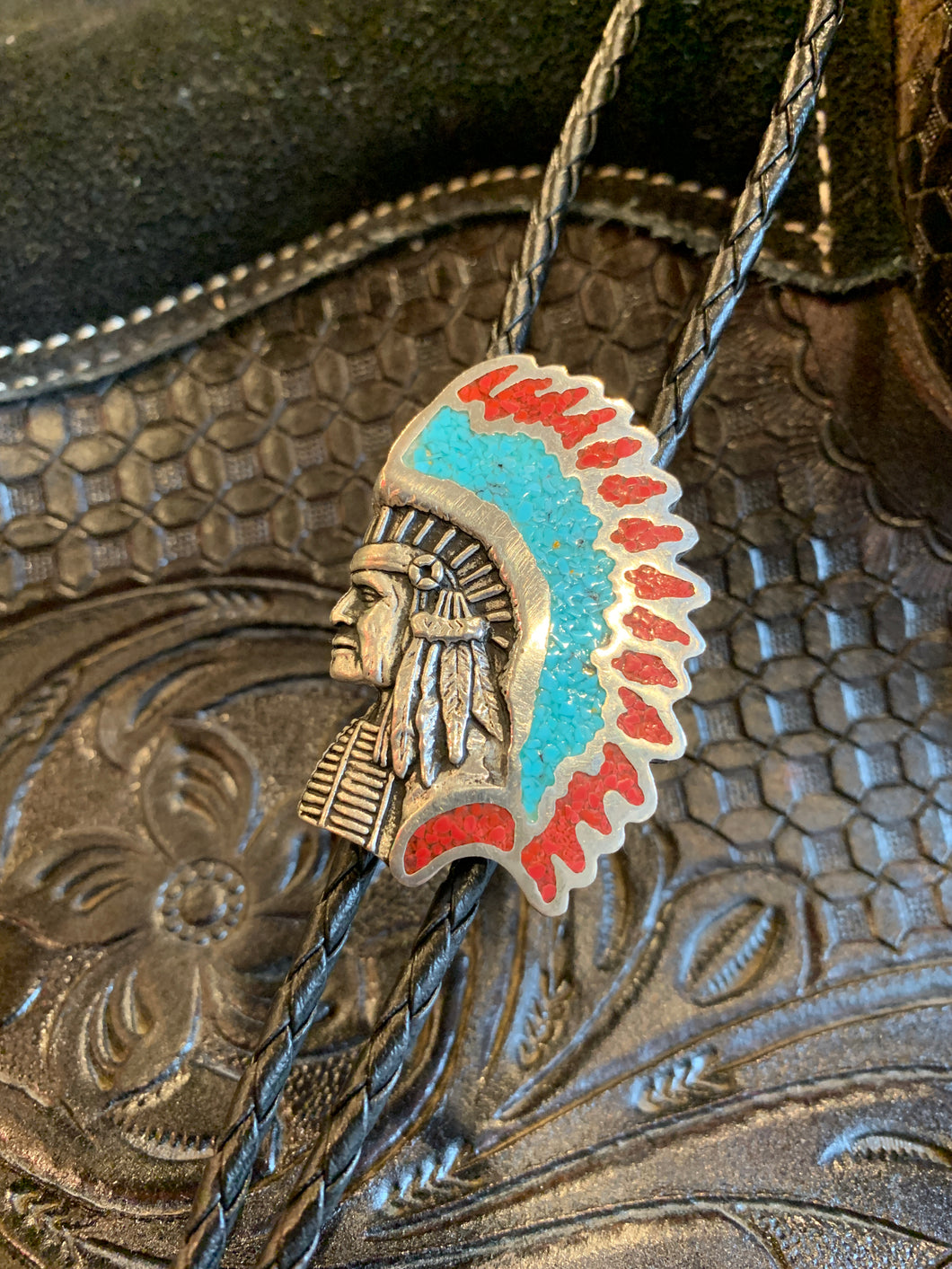 BT267 Indian Chief Bolo Tie Inlaid with Silver Tips. USA Import