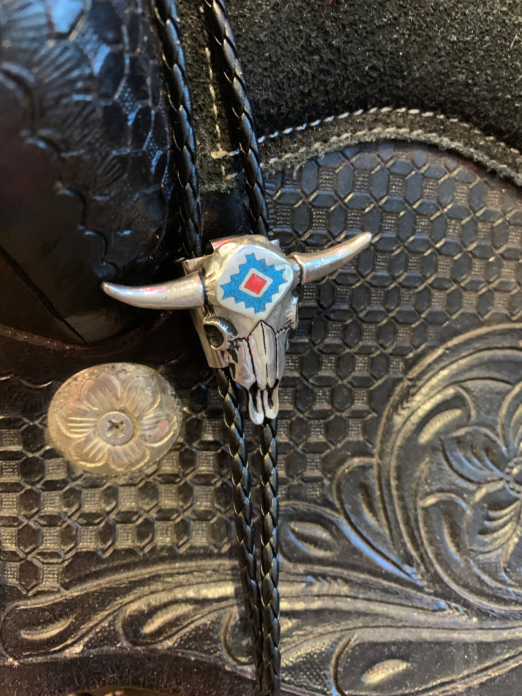 BT-256 Steerhead With Turquoise & Coral Inlay Bolo Tie