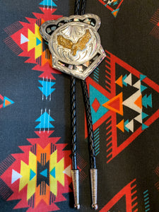 BT212 German Silver and Abalone Gold Eagle Shield Bolo Tie. Handmade & engraved. USA Import