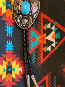 BT214 German Silver & Turquoise. Handmade & Hand Engraved Bolo Tie. USA Import
