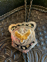 Load image into Gallery viewer, BT212 German Silver and Abalone Gold Eagle Shield Bolo Tie. Handmade &amp; engraved. USA Import
