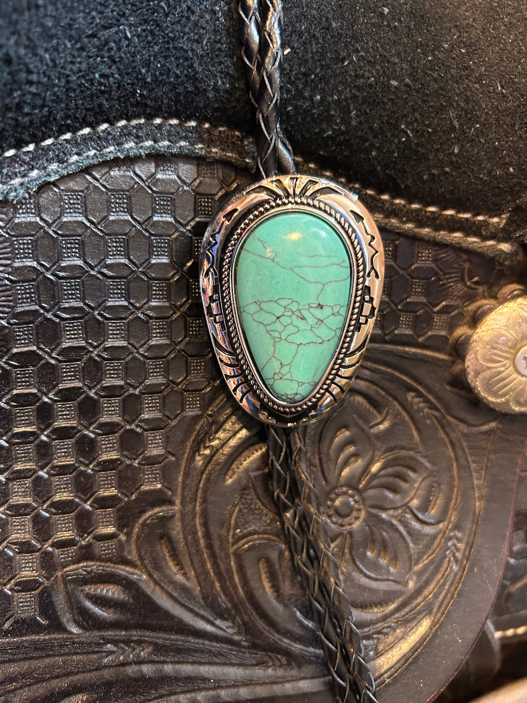 X-Large Teardrop Turquoise Style Aztec Silver Bolo Tie
