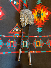 Load image into Gallery viewer, BT76 Indian Chief Head with diamond cut feather headers Bolo Tie. USA Import
