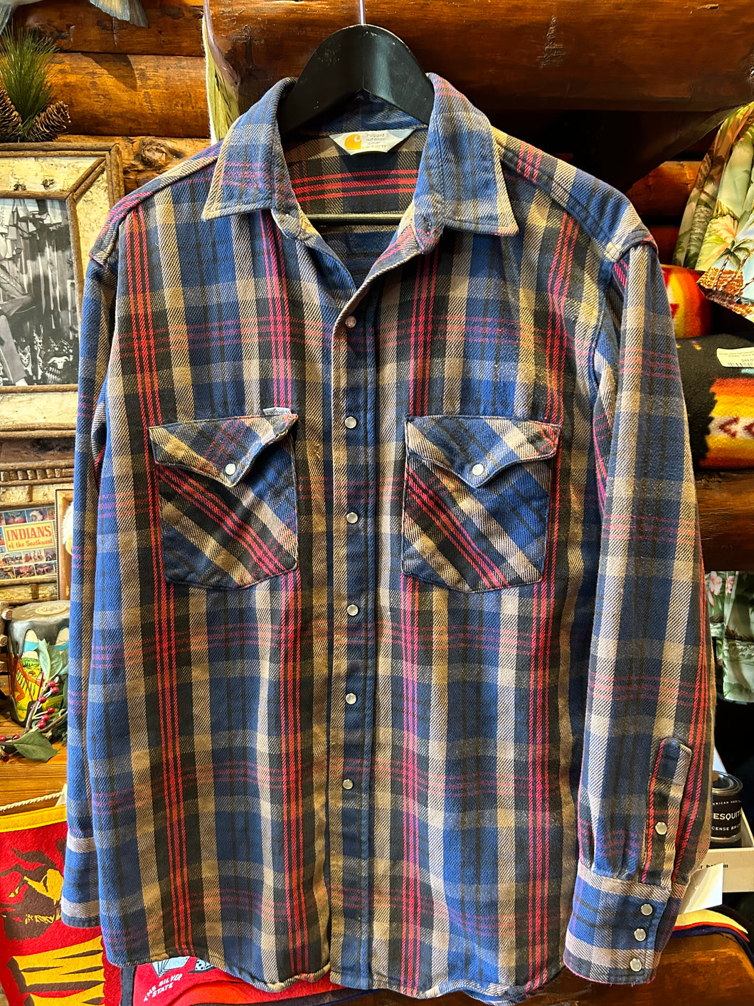 Vintage Carhartt Heavy Flannel Tan Blue, Large