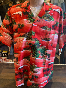 7. Authentic Hawaiian Shirt Waikiki Beach. Red. Made in Honolulu