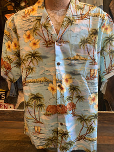 9. Authentic Hawaiian Shirt. Polynesian Island. Blue. Made in Honolulu