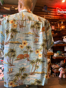 9. Authentic Hawaiian Shirt. Polynesian Island. Blue. Made in Honolulu