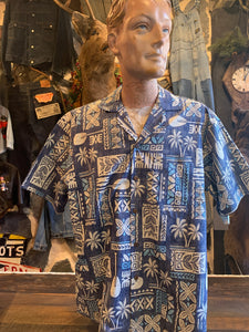 10. Authentic Hawaiian Shirt. Traditional Tapa. Navy. Made in Honolulu