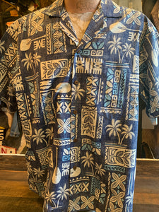 10. Authentic Hawaiian Shirt. Traditional Tapa. Navy. Made in Honolulu