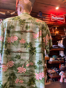 11. Authentic Hawaiian Shirt. Diamond Head Silky Rayon. Green. Made In Honolulu