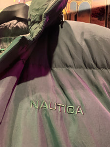 Vintage Nautica Vest 17. Reversible Green Puffa Vest, Zip Out Collar Hood. LGE