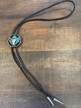 Load image into Gallery viewer, Bt-614 Cow Skull &amp; Aztec Turquoise Bolo Tie
