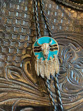Load image into Gallery viewer, Bt-9505 Turquoise Cow Skull &amp; Feathers Bolo Tie
