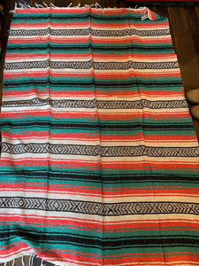 Extra Large. Authentic Mexican Falza Blanket. Made in Mexico. Aqua Green & Deep Pink