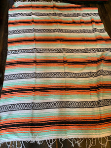 Extra Large. Authentic Mexican Falza Blanket. Made in Mexico. Light Orange & Mint