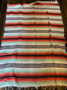 Extra Large. Authentic Mexican Falza Blanket. Made in Mexico. Deep Coral & Mint