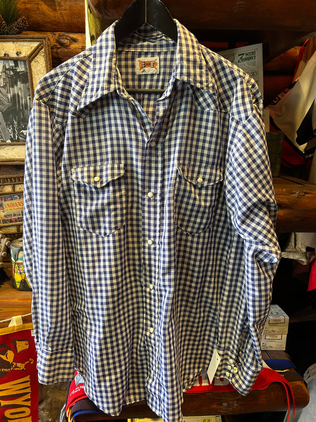 Vintage 70s Bar F Navy Check Western, Large