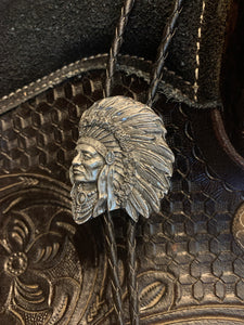 BT76 Indian Chief Head with diamond cut feather headers Bolo Tie. USA Import