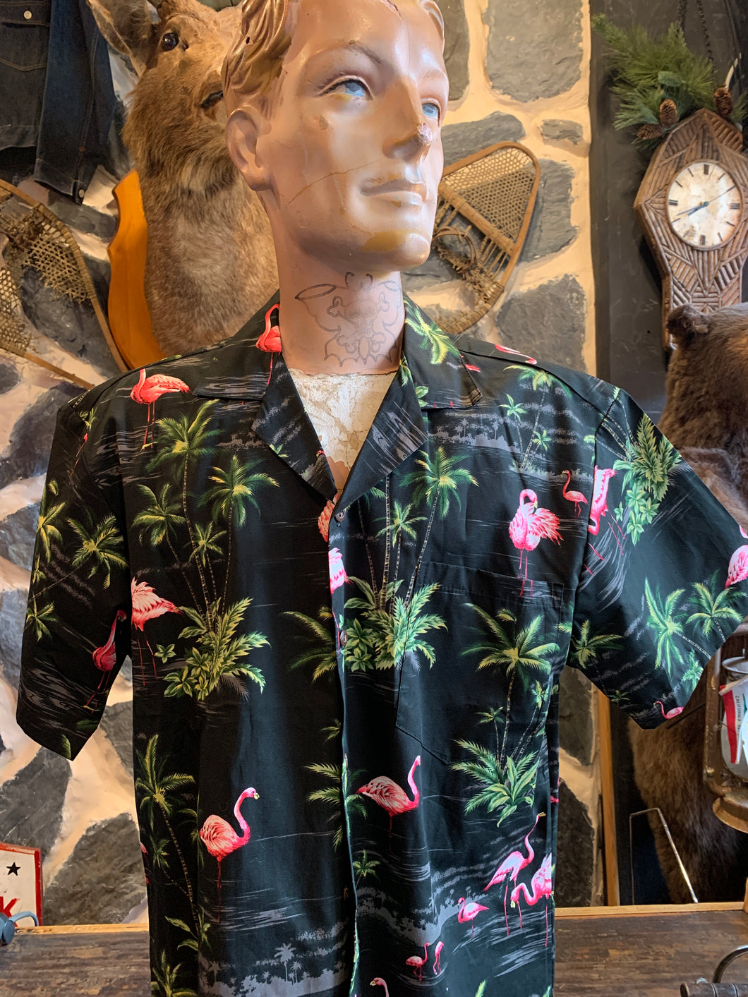Authentic Hawaiian Shirt 4. Flamingo Black. Imported from Honolulu