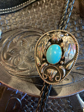 Load image into Gallery viewer, BT214 German Silver &amp; Turquoise. Handmade &amp; Hand Engraved Bolo Tie. USA Import
