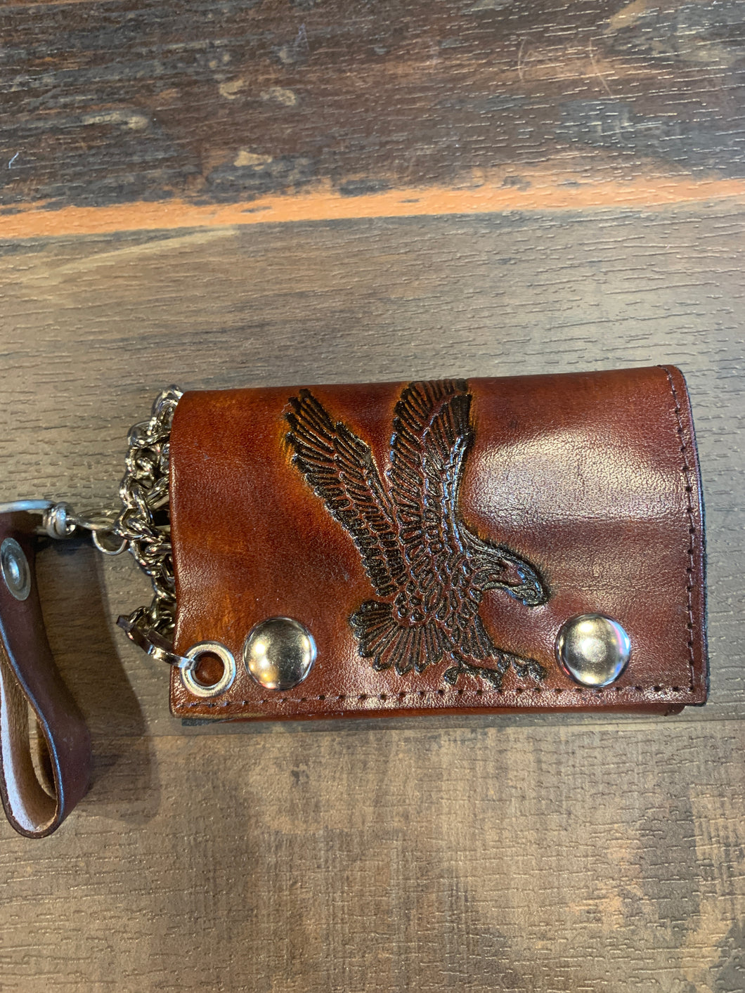 Short USA Made Eagle Antique Brown  Trucker Leather Wallet with Chain